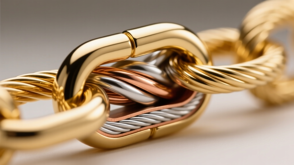 Render of an 18k gold cable chain link cross-section highlighting the copper and silver alloy mixture used for tensile strength.