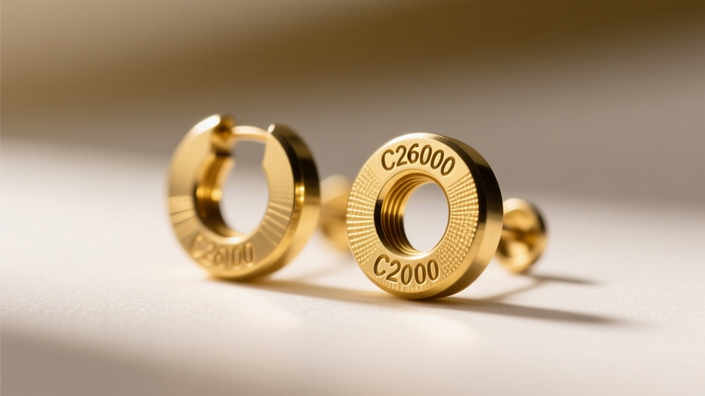 Macro shot of raw C26000 cartridge brass earring blanks showing golden metallic grain under soft, directional studio lighting.