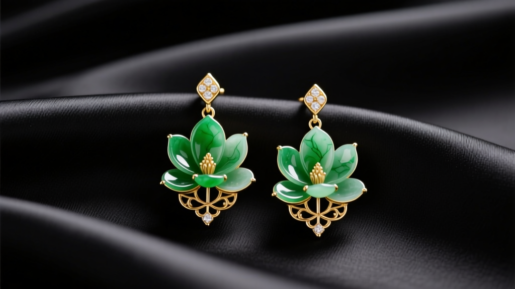 Elegant flat lay of 18k gold and Type A green jadeite magnolia flower drop earrings resting on dark silk fabric with soft diffused lighting