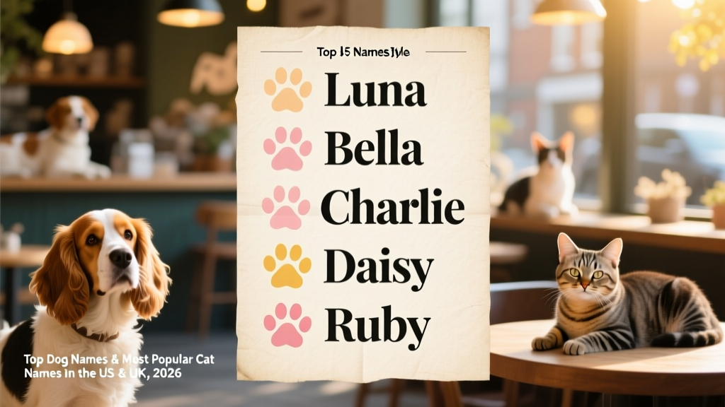 Infographic showing the top 5 dog names — Luna, Bella, Charlie, Daisy, and Ruby — displayed with playful paw-print icons