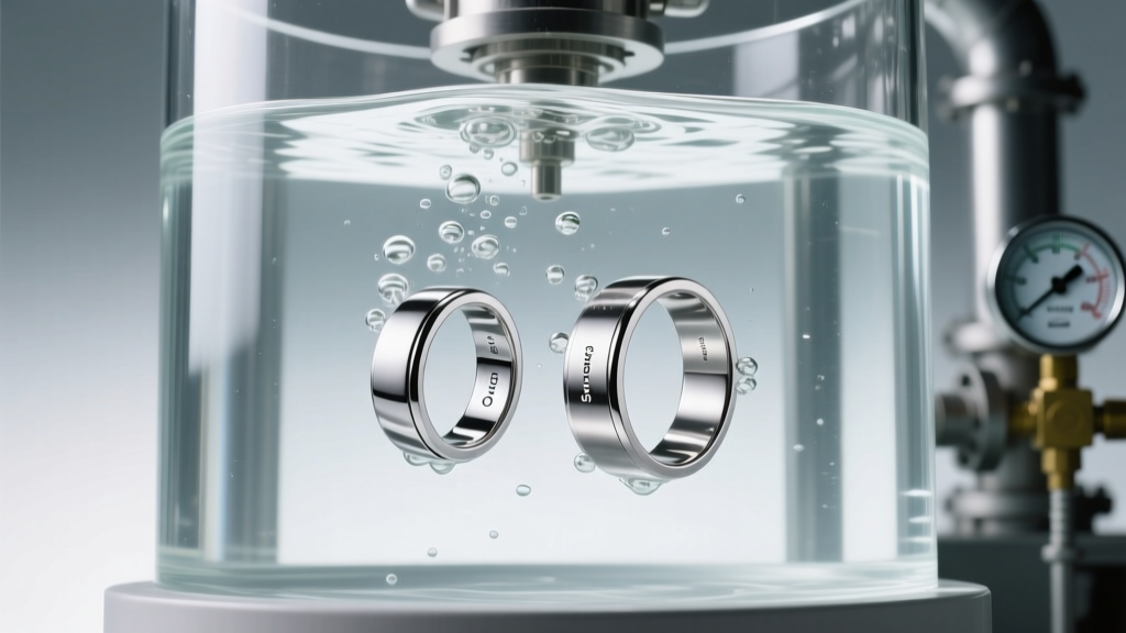 Oura Ring 4 and Samsung Galaxy Ring 2 submerged in a pressurized water testing tank to verify 10ATM waterproofing claims