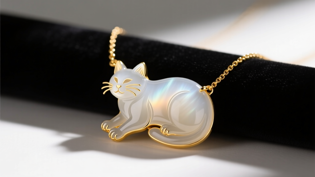 Hand-carved white agate cat cameo necklace in 14k yellow gold resting on dark velvet under soft directional lighting
