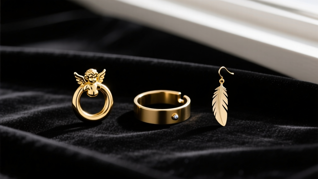Black velvet flat lay of a gold cherub huggie, plain cartilage cuff, and delicate feather drop earring arranged for an ear stack.