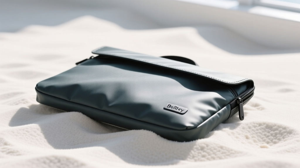 Close-up of the Bellroy 13-inch Laptop Sleeve resting on white sand, showcasing its water-resistant fabric and sand-repellent microfiber lining.