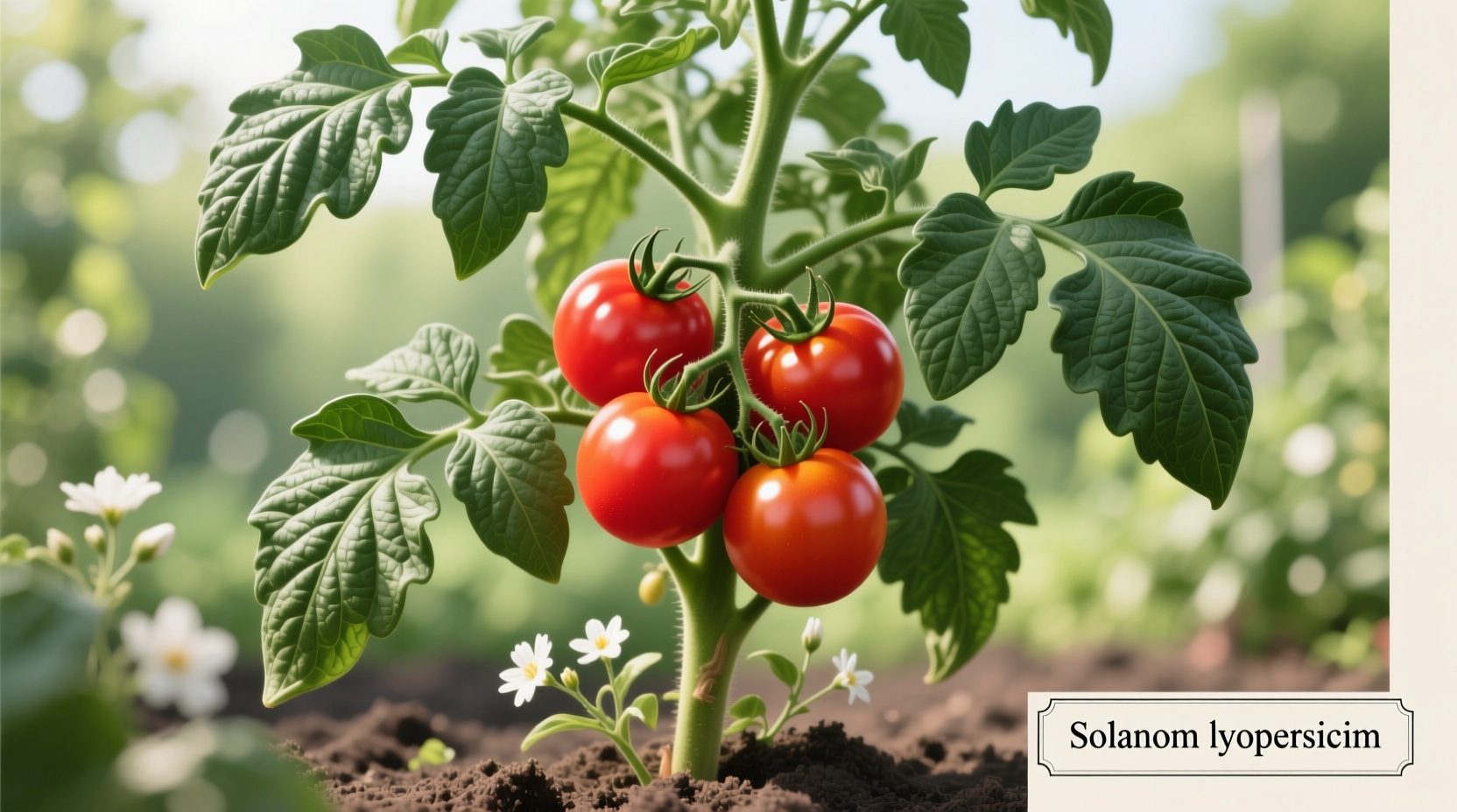 Healthy tomato plant with deep green leaves and red fruit