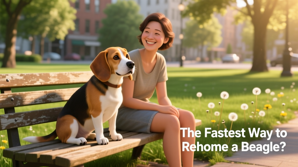 A calm, friendly Beagle sitting beside a person on a grassy park bench