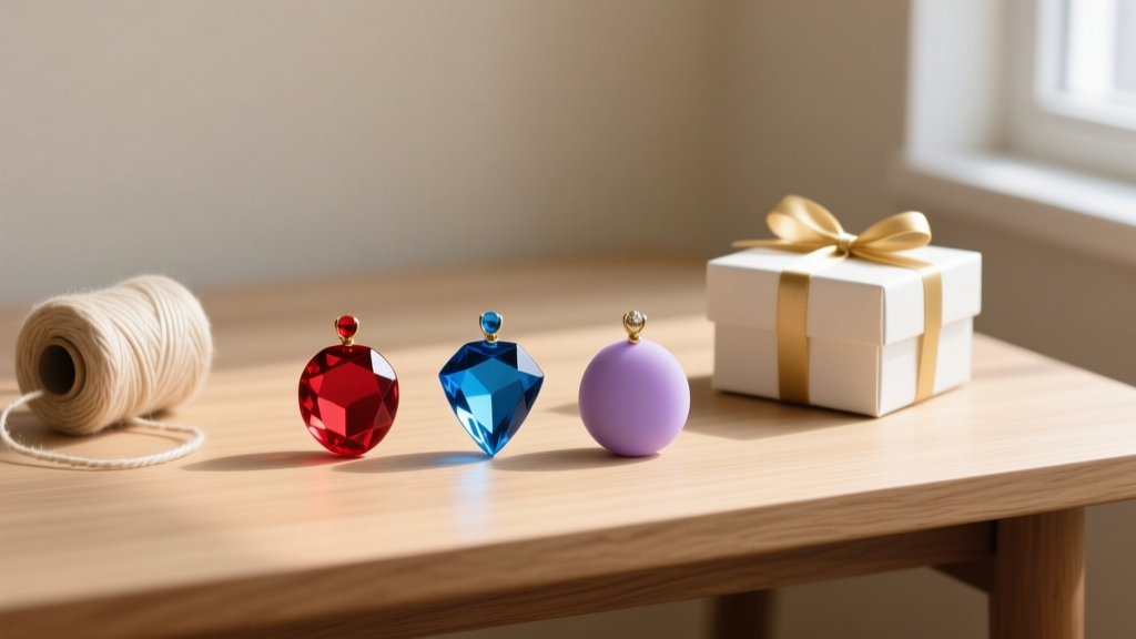 Three silicone gem pendants in varying colors arranged on a wooden desk next to a small gift box and a spool of cotton cord