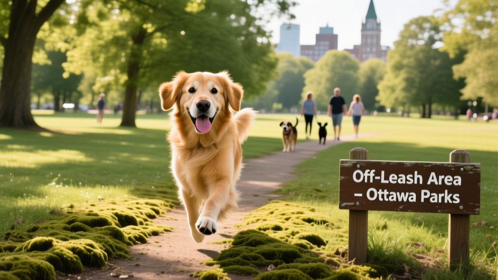 A happy dog exploring a spacious, wooded off-leash park in Ottawa