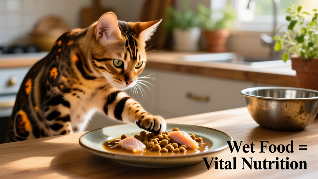 A Bengal cat reaching a paw up to examine a plate of wet cat food