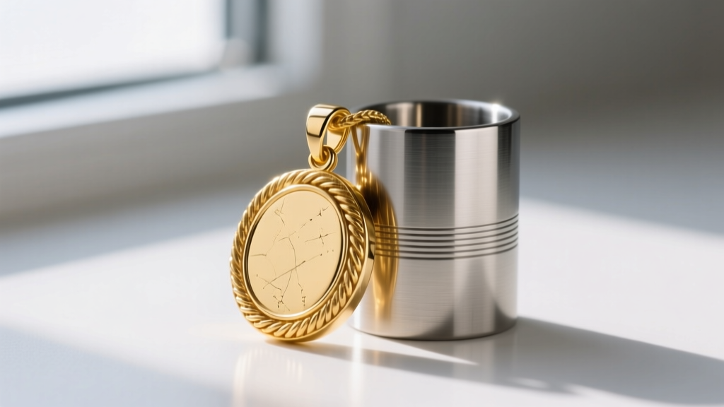 Macro view of a 14k gold cremation pendant beside a titanium cylinder, showing polished surface reflections and threading details