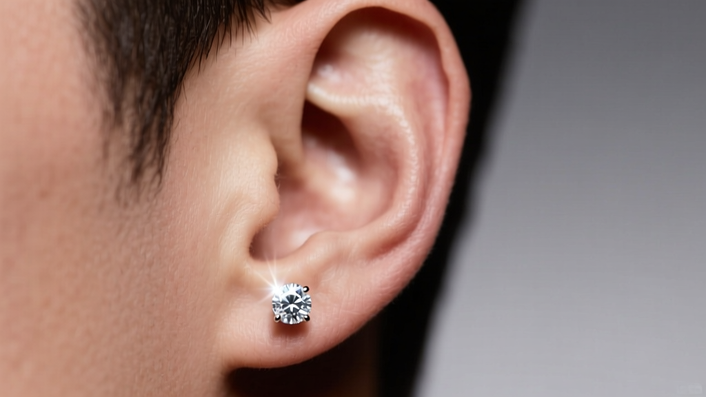 Close-up of a male earlobe featuring a 4mm bezel-set diamond stud earring, illuminated by soft studio broadcast lighting.