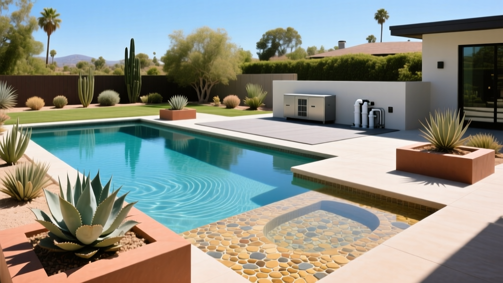 Luxurious backyard gunite pool in California with PebbleTec interior, modern equipment pad, and drought-tolerant landscaping design