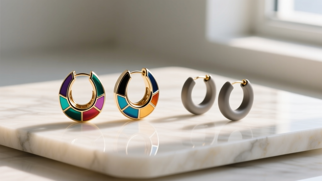 Flat lay of designer enamel hoop earrings next to budget alternative hoops on a cream marble background with soft, natural shadows.
