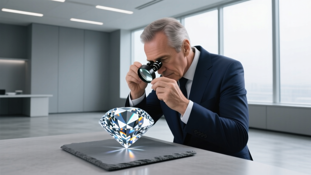 Gemologist using a 10x loupe to inspect a brilliant diamond against a grey background in a lit jewelry appraisal office.