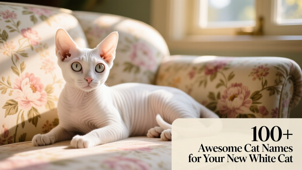 white devon rex cat on floral couch
