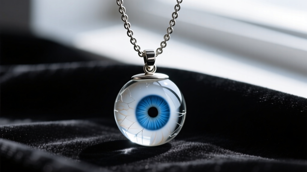 Close-up of a 15mm borosilicate glass eyeball pendant with blue iris on an oxidized silver rolo chain resting on dark velvet.