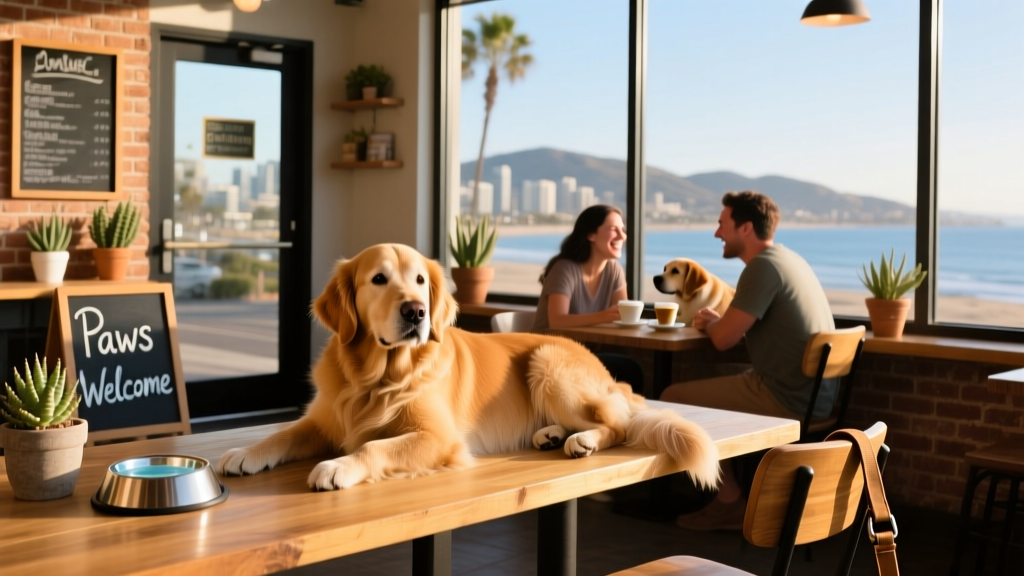 A relaxed dog sitting under a table at a sunny, dog-friendly café in San Diego
