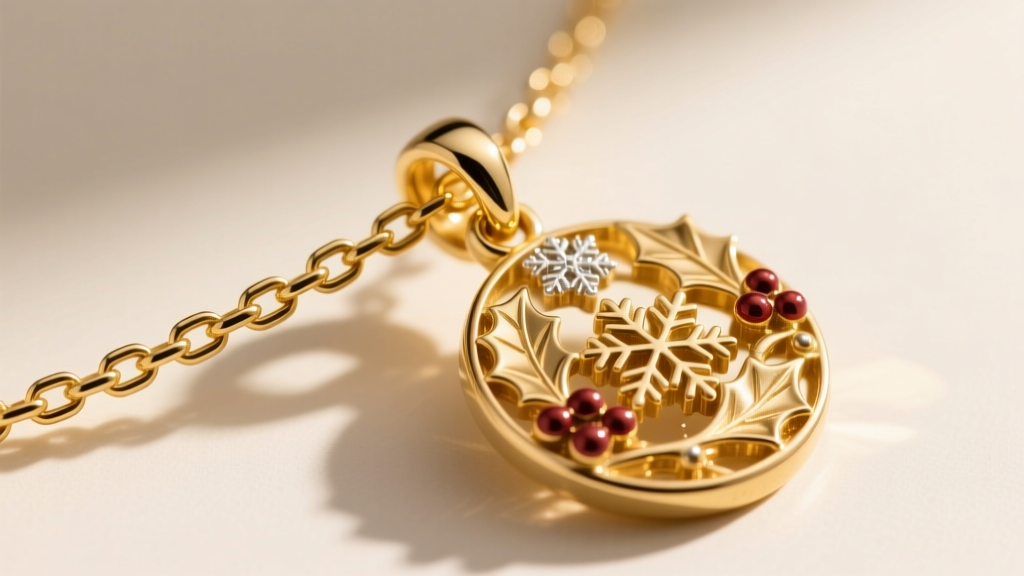 Close-up of a 1.5mm 14k yellow gold box chain threading through a reinforced soldered jump ring on a heavy cast holiday pendant.