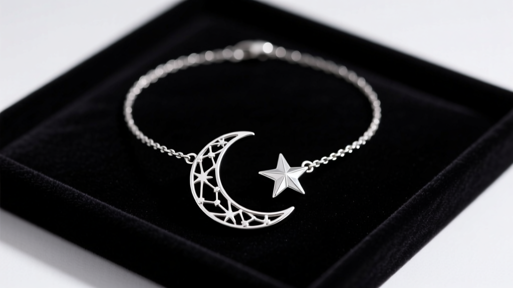 Sterling silver crescent moon star necklace on dark velvet, lit by soft directional lighting to reveal intricate celestial metalwork
