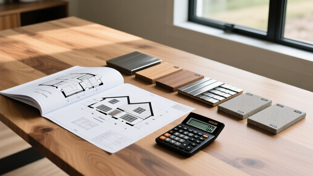 Architectural blueprints for a 1700 square foot modern farmhouse spread across a wooden table next to a calculator and material samples
