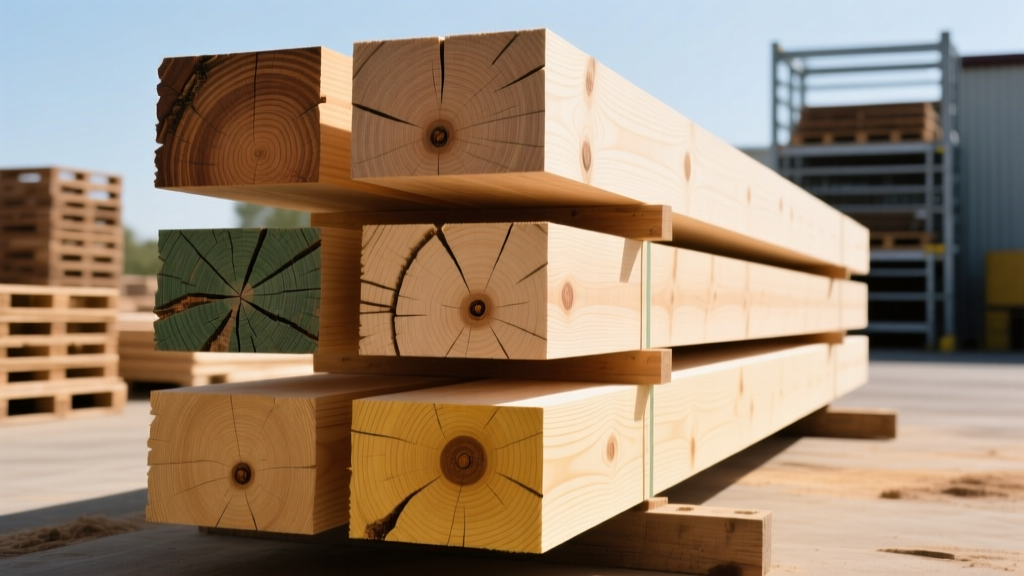 Cross-section of various structural wood timber beams including Douglas Fir, SPF, and Southern Yellow Pine stacked in a lumber yard