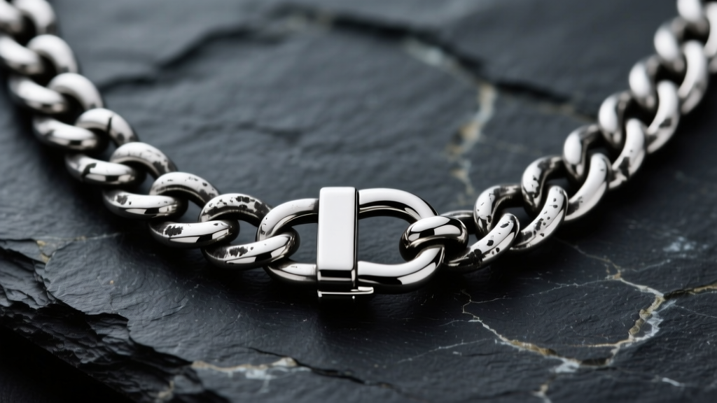 Close-up of a 2.0mm oxidized sterling silver curb chain with a stainless steel clasp against a dark, textured slate background.