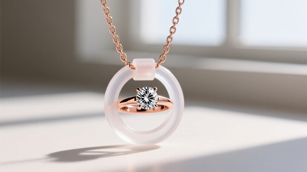 Clear silicone protective bail sleeve sliding onto a rose gold box chain to safely hold a heavy diamond engagement ring pendant.