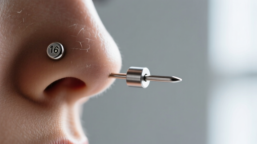 Close-up of a threadless push-pin nose stud entering a 16-gauge titanium post, clearly showing the slight bend tension mechanism.