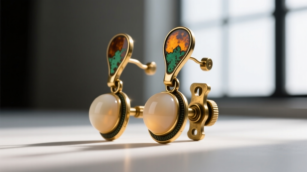 Macro photography of a vintage 1940s paddle back earring clasp mechanism showing brass patina and original silicone comfort pads.