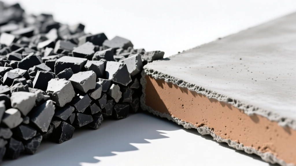 Close-up cross-section comparing the dense zero-slump aggregate matrix of a precast paver against a troweled poured concrete slab edge