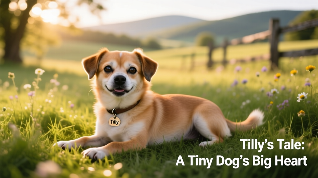 Tilly, a small Tibetan Spaniel mix with Short Spine Syndrome, lying contentedly in sunlit grass