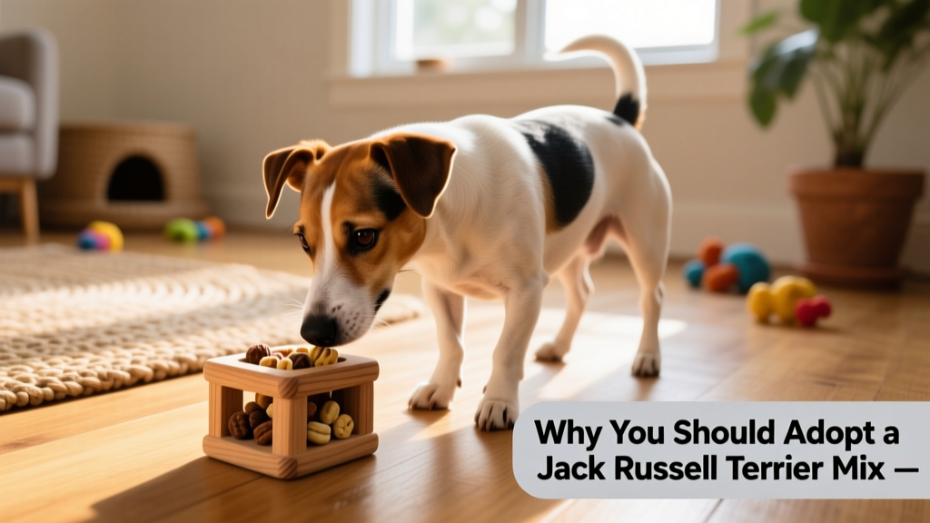 A curious Jack Russell–Schnauzer mix sniffing a puzzle toy filled with treats during indoor training