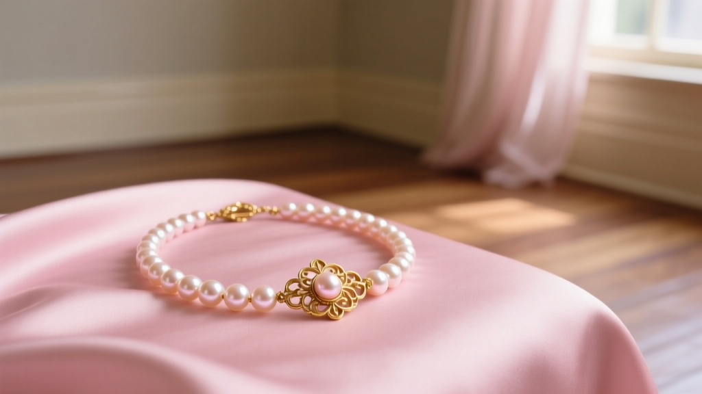 1950s vintage pink pearl necklace with 14k gold filigree clasp resting on blush silk fabric in soft natural window lighting