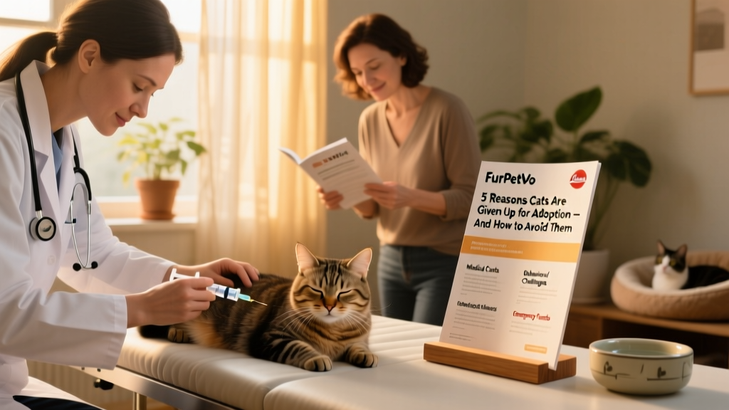 A veterinarian administering a vaccination to a relaxed cat while a client reviews a FurPetVo financial assistance brochure