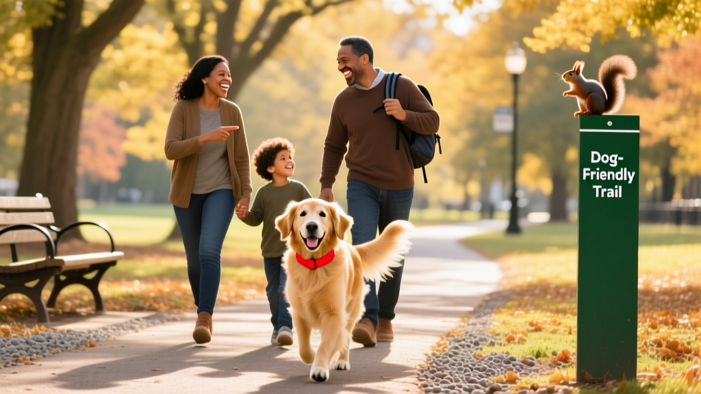 A family and their dog walking side-by-side along a tree-lined, dog-friendly trail in Philadelphia.