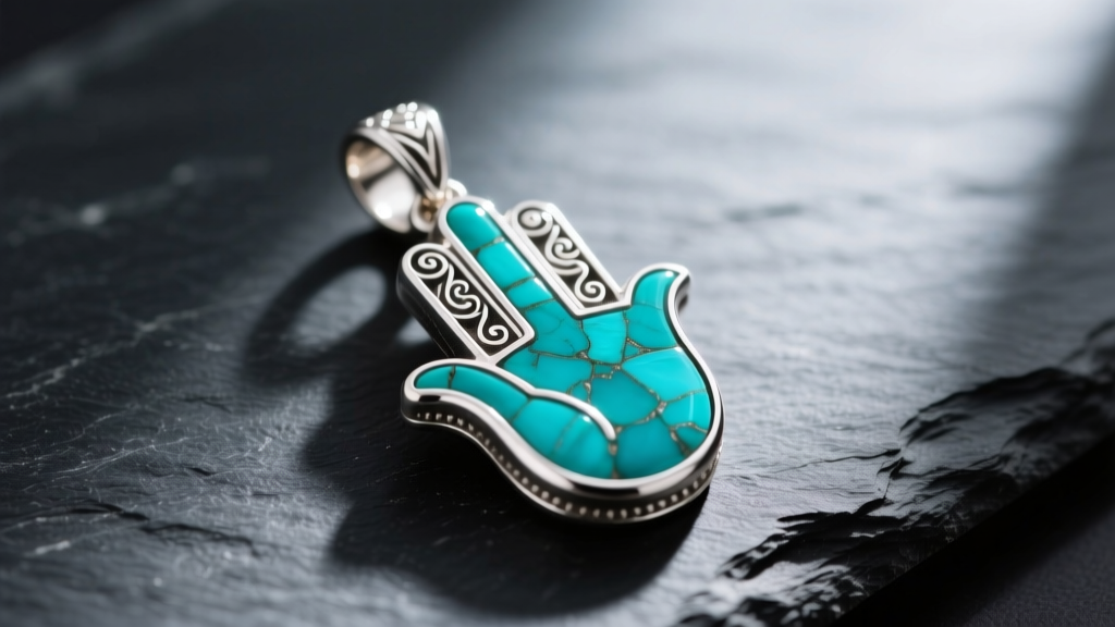 Macro shot of a 925 sterling silver Hamsa hand necklace on dark slate, highlighting turquoise inlay and intricate finger crevices.