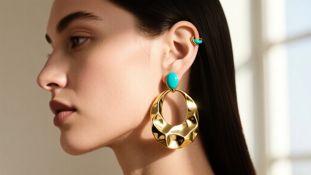 Side profile of a model wearing a heavy hammered gold lobe drop and a matching small turquoise cartilage huggie on the upper helix