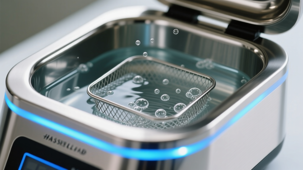 Close-up of a stainless steel ultrasonic jewelry cleaner tank with glowing blue LED indicators and a submerged wire mesh basket.