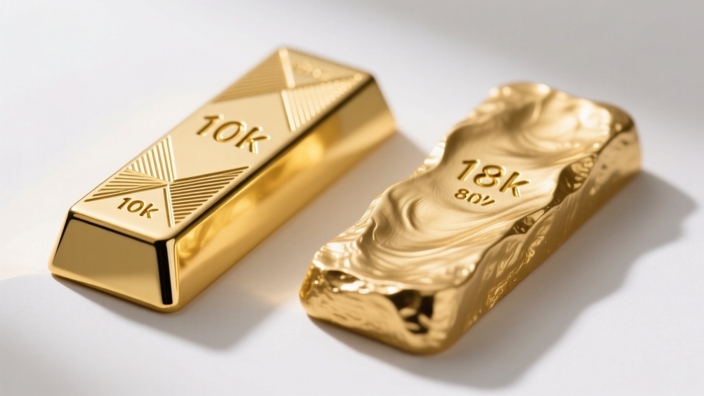 Side-by-side macro view of a die-stamped 10k gold bar and a cast 18k gold bar, highlighting the crisp edges of the stamped piece.