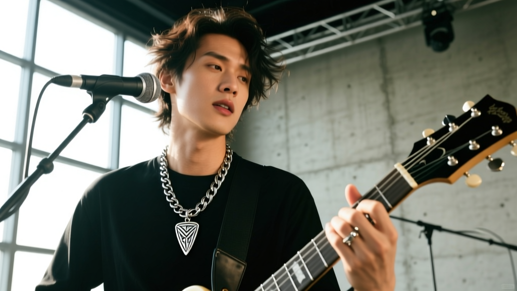 A musician wearing a 2.0mm stainless steel curb chain with a CNC-machined titanium pick holder pendant, captured mid-performance