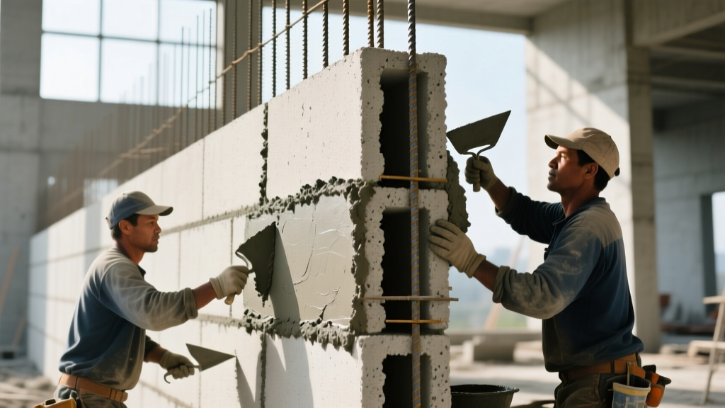Masons troweling Type S mortar on a reinforced 8-inch CMU building material wall with exposed vertical rebar and fresh grout cells