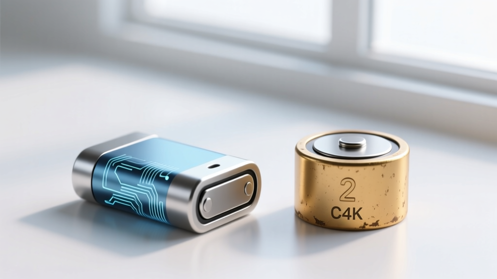 Side-by-side macro shot of a solid-state micro-battery next to a traditional lithium-ion coin cell for scale comparison