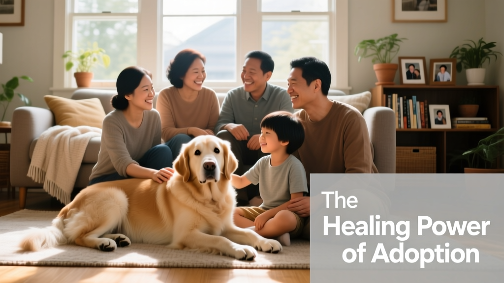 A smiling family sitting on their living room floor, gently petting a large, friendly-looking dog with soft eyes and a relaxed posture