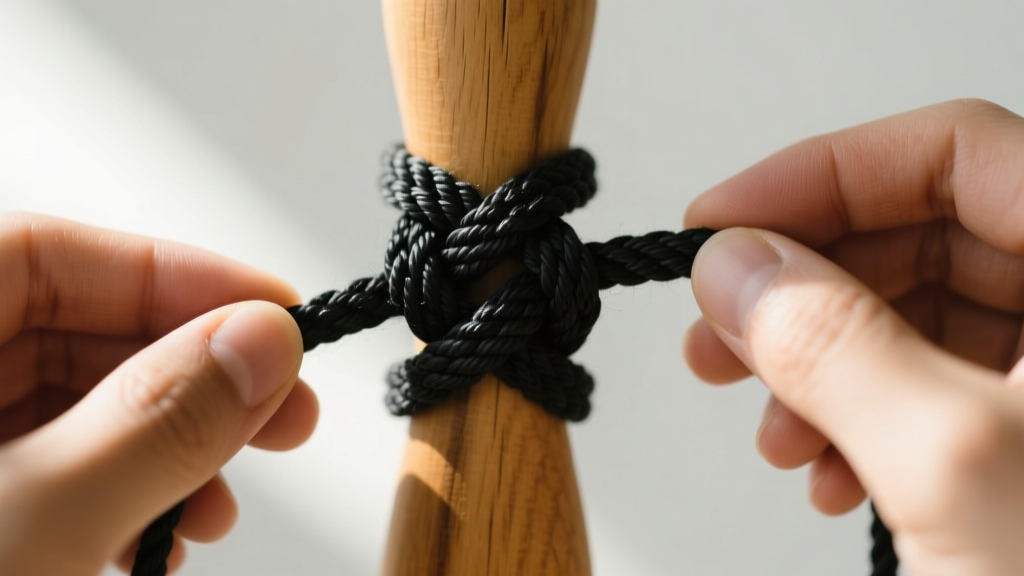 Close-up of hands tying a double macrame square knot with black nylon cord, demonstrating the over-under weave on a wooden jig.