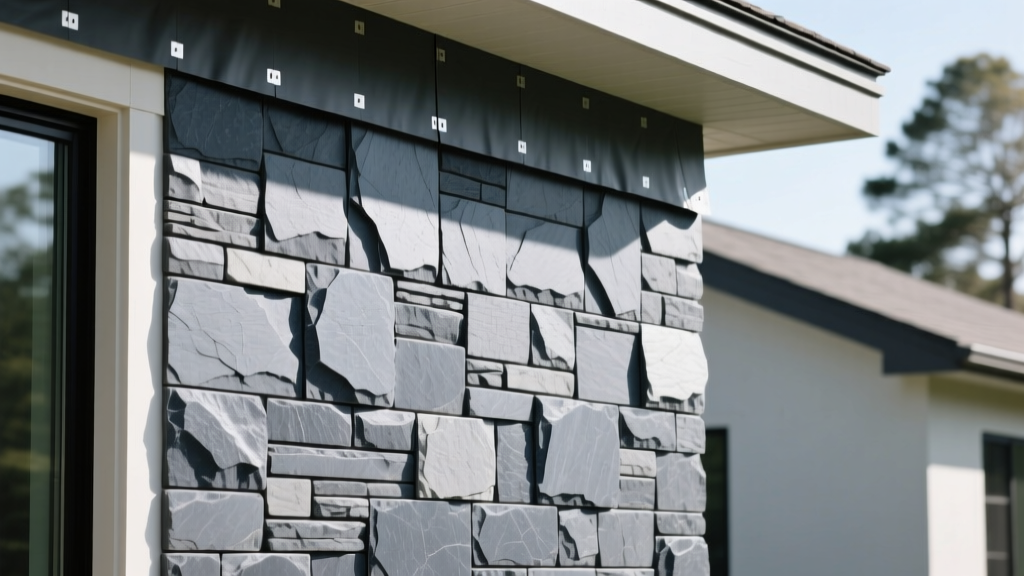 Interlocking mortarless stone veneer siding panels in slate gray snapped together on a framed exterior wall over a weather-resistive barrier