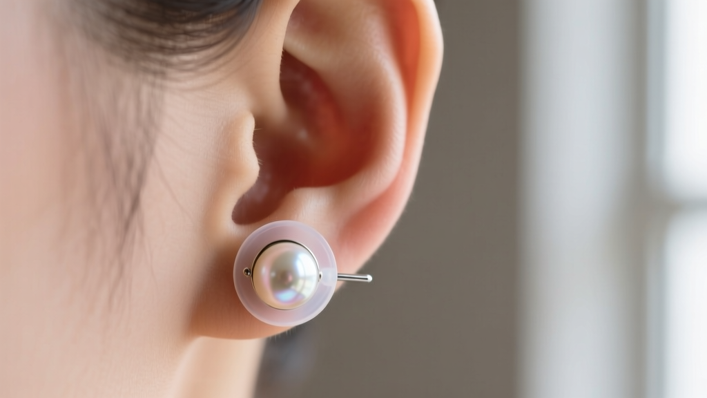 Rear view of an earlobe showing a lifted heavy pearl stud secured by a discreet medical-grade silicone earring lifter disc