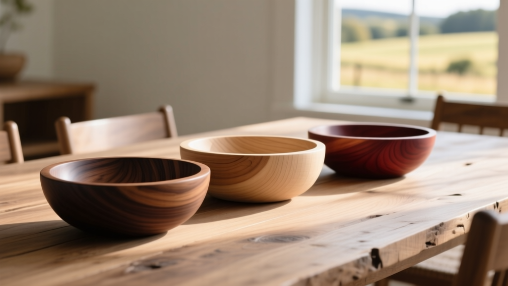 Hand-turned wooden serving bowls in dark walnut, pale maple, and rich cherry resting on a rustic oak dining table
