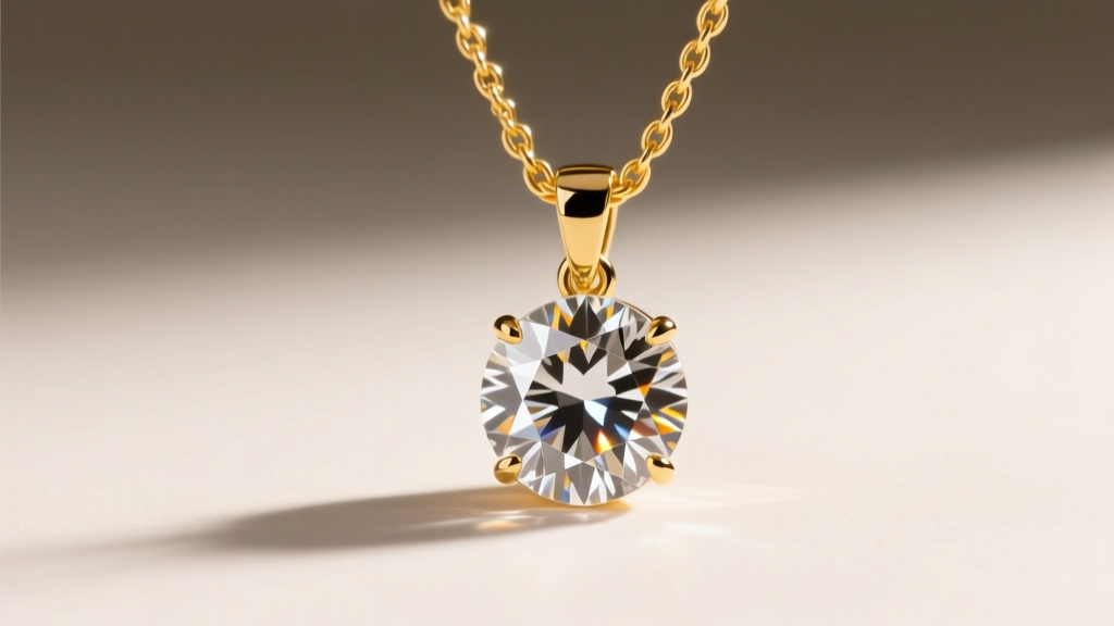 Close-up of a 2-carat round brilliant moissanite pendant on a 14k yellow gold cable chain, sparkling under direct studio lighting