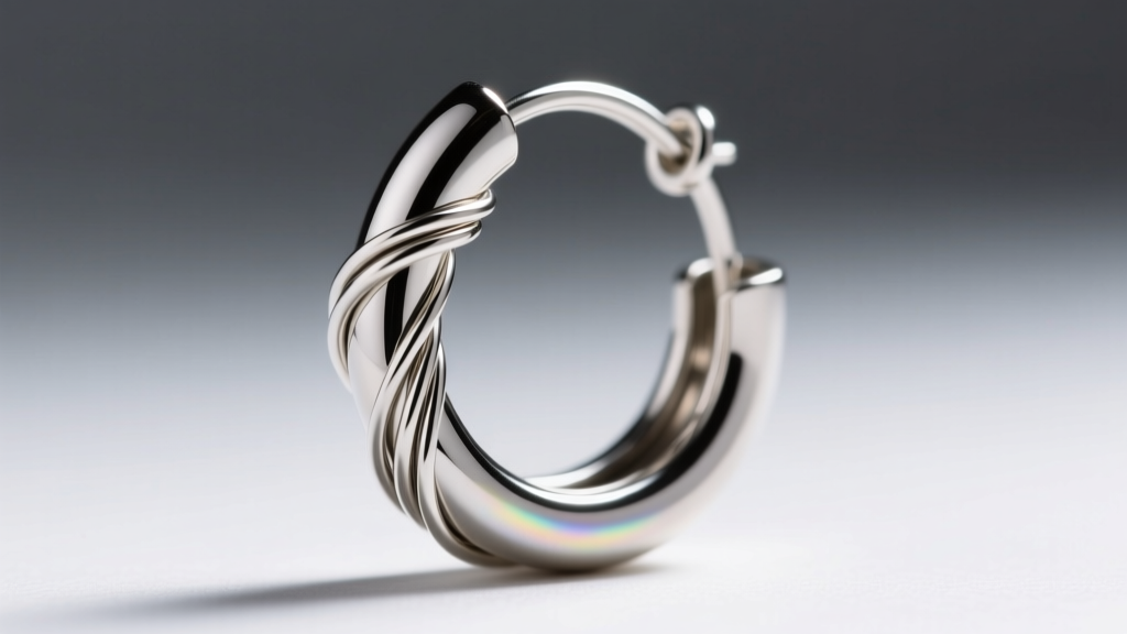 Macro shot of a finished continuous hoop earring closure, highlighting the seamless tension fit of a wire loop in the tube end.