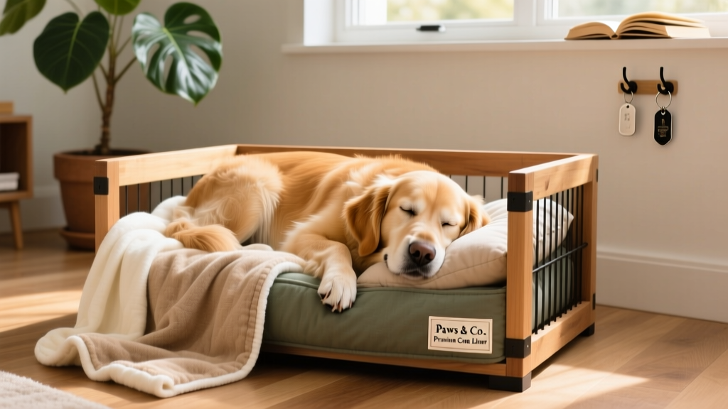 A dog sleeping comfortably in a crate covered with soft, breathable blankets